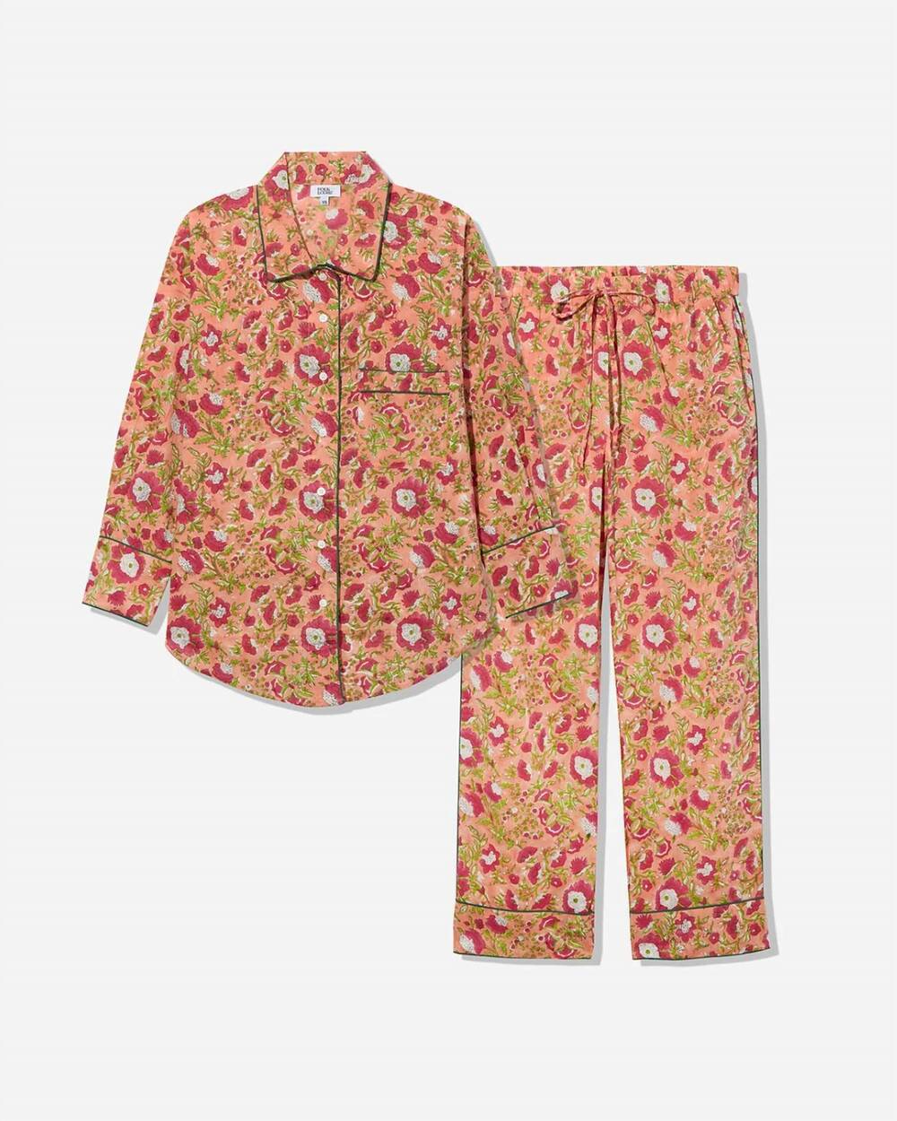 NEW FOLKLOORE women's lightweight cotton floral long pajama set in coral / burgu